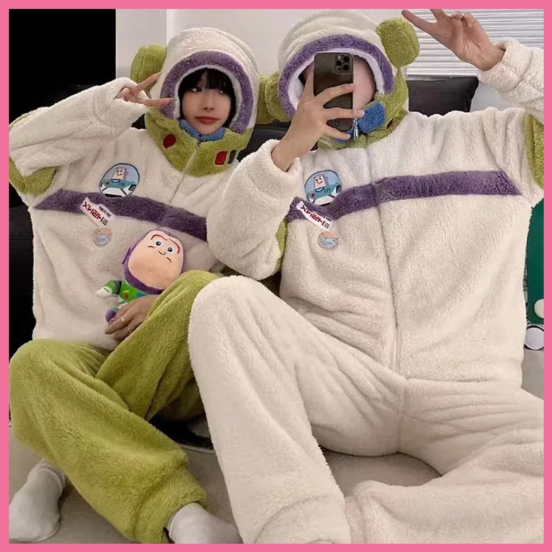 Autumn/Winter Cartoon Coral Velvet Couple Pajamas Aero Man With Velvet Thickened Flannel Can Be Worn Outside The Homewear Set