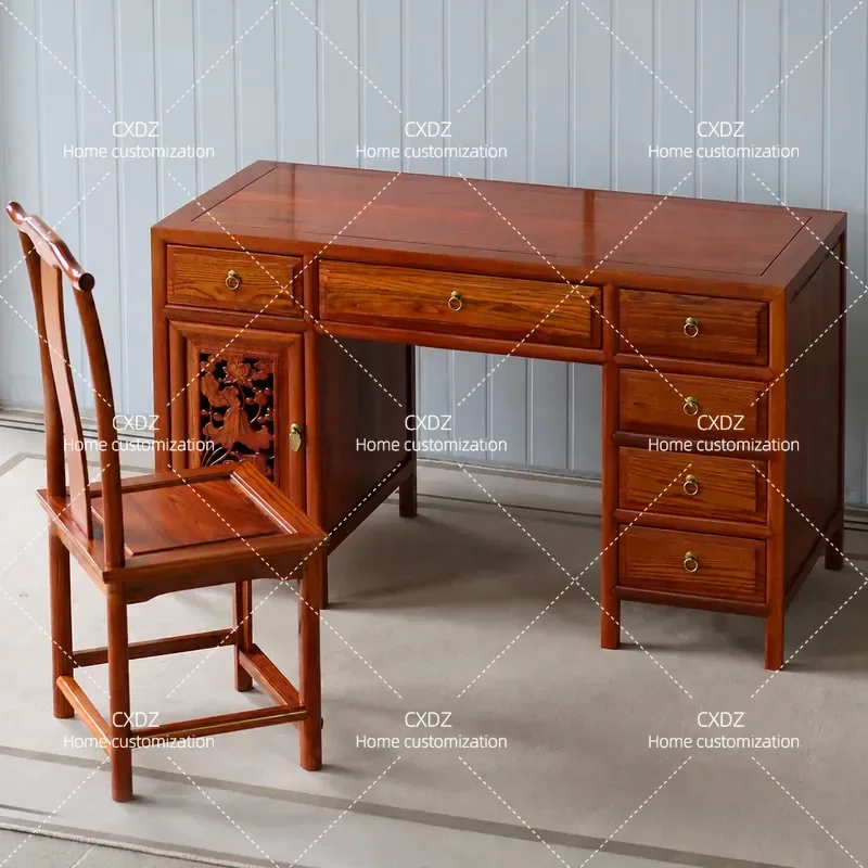 Solid Wood Computer Desk and Chair Set Elm Antique Carved Office Writing Table for Home Study or Clinic Use