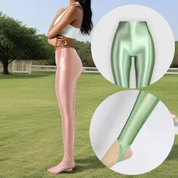 Pantaloni Sexy lucidi in raso senza cuciture sul cavallo anteriore pantaloni sportivi a vita alta pantaloni da Yoga Fitness da donna Leggings da allenamento