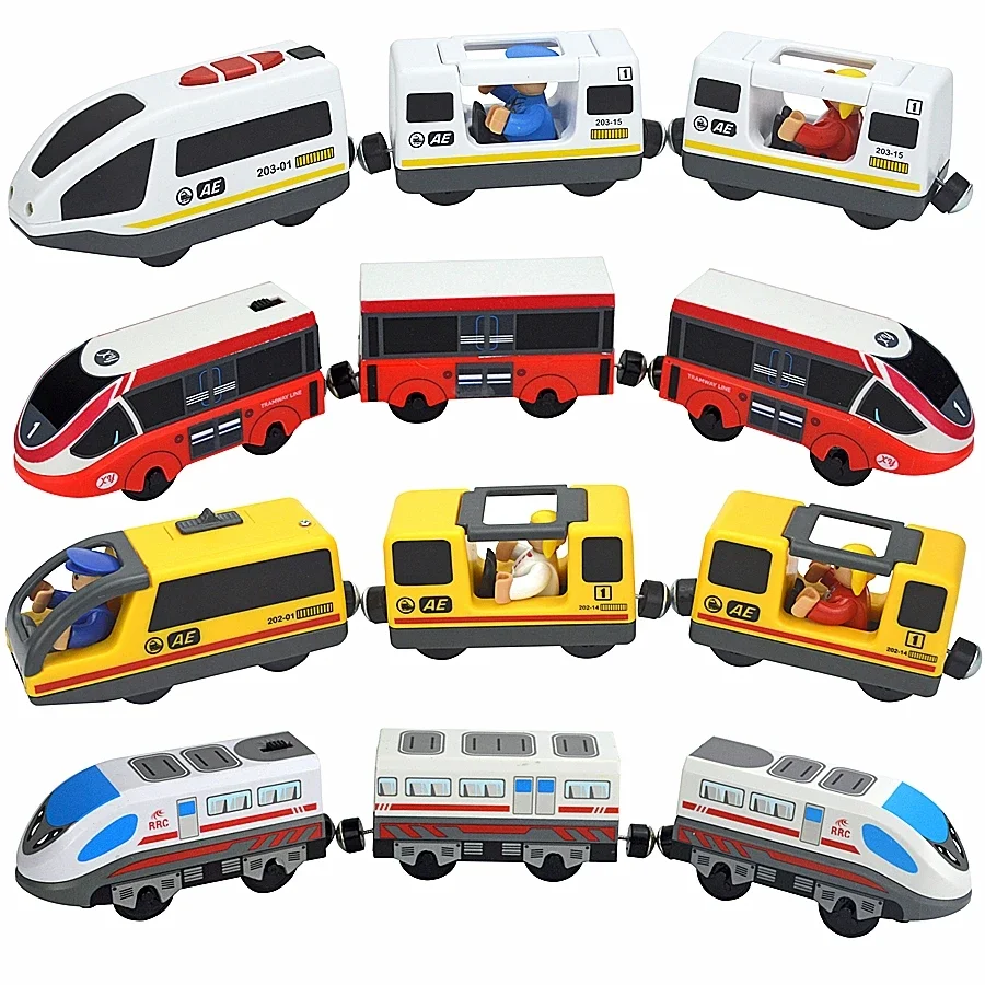 MOC Magnetic Electric Train Diecast Slot With Doll Toy Locomotive Electric Car Wood Track Railway Compatible Rail Train for Kid