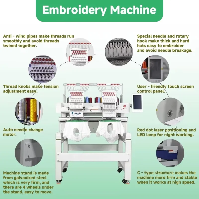 New Computerized Double Head Embroidery Machine With 12 Needles For Cap And T-shirt Flat Embroidery