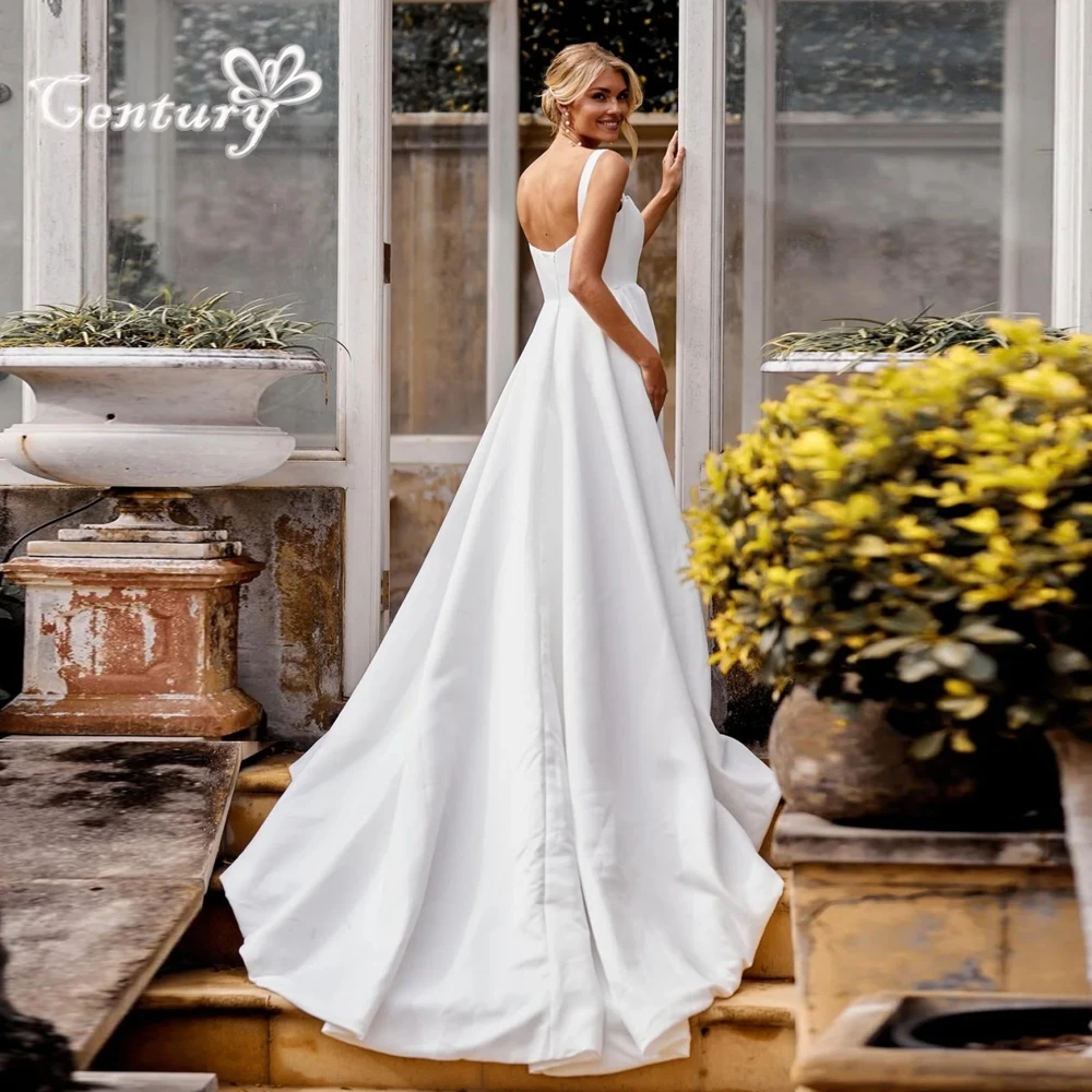 Satin Wedding Dresses with Pockets Square Neck High Slit Backless A Line Civil Bridal Gowns vestido de noiva Customized