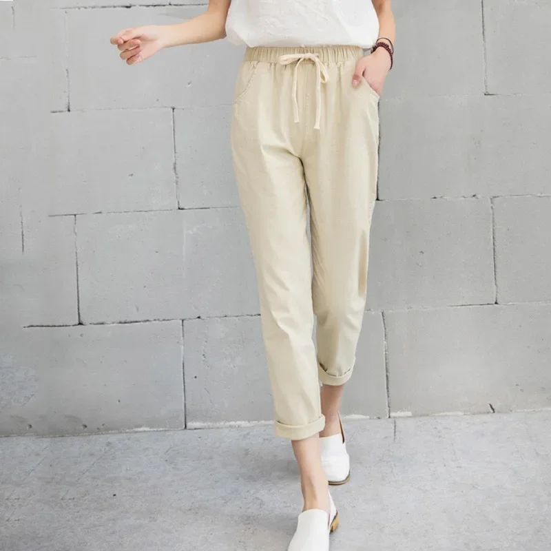 Hot Chic Leisure Cotton Linen Long Pants Women Elastic Waist Pockets Loose Pants Plus Size 2XL Casual Trousers Leisure Pants