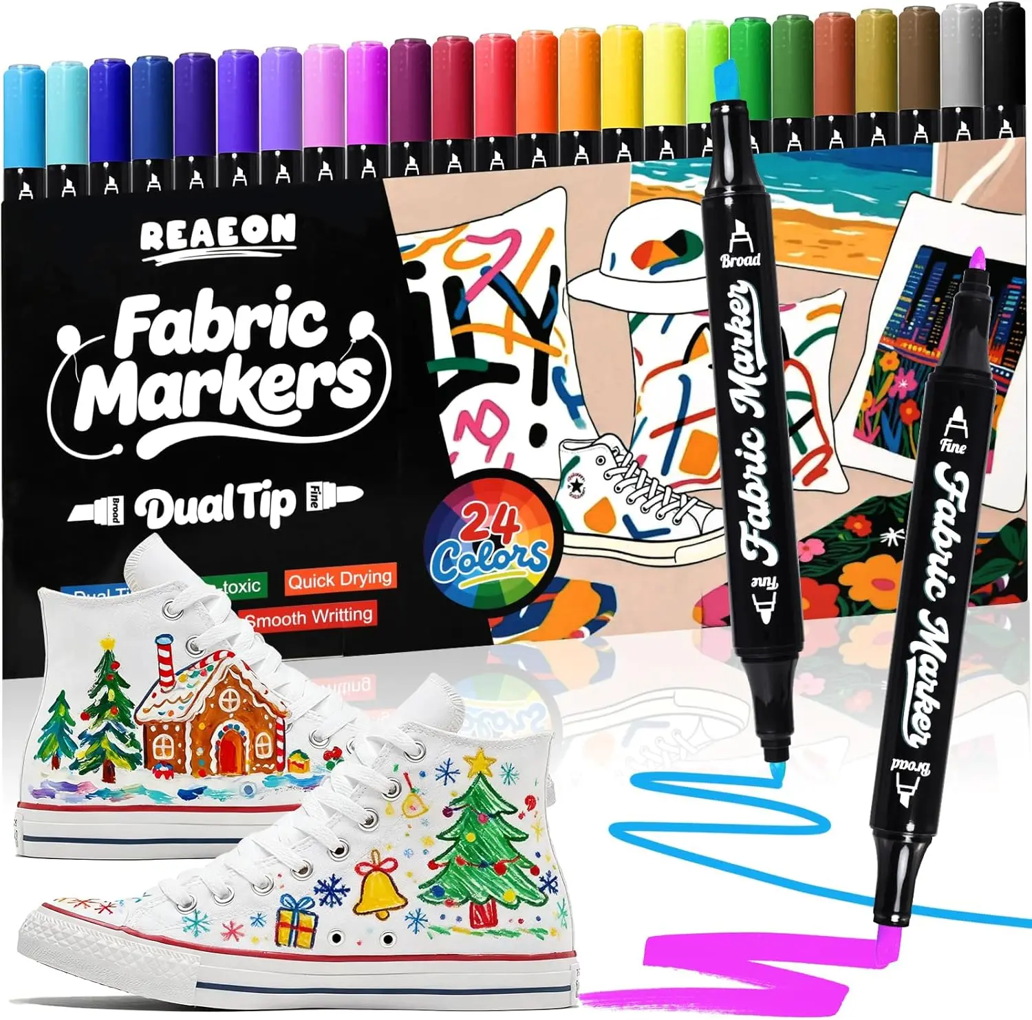 

24-Color Dual-Tip Fabric Markers, Permanent Paint Pens for Clothing, Canvas, Bags & Shoes