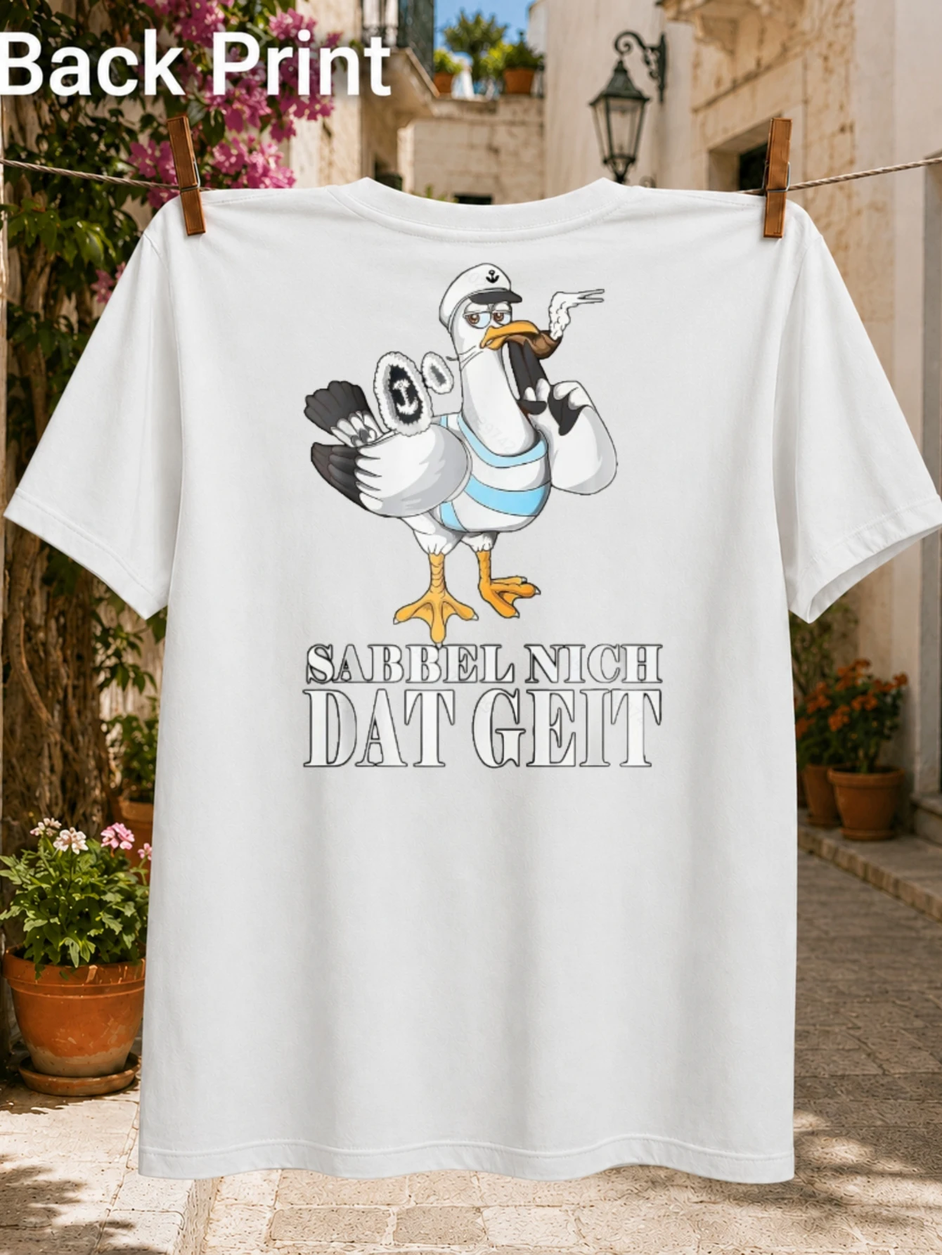 Low German?Sabbel Nich Dat Gei? with Cartoon Sailor Seagull Striped Top Smoking Cigar and Phone  Unisex All T-Shirt