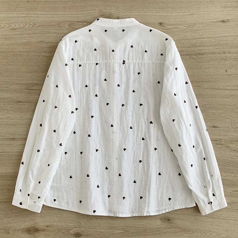 100% Cotton yarn white heart-shaped printed shirts and blouses for women autumn Japanese retro long sleeve basic shirts