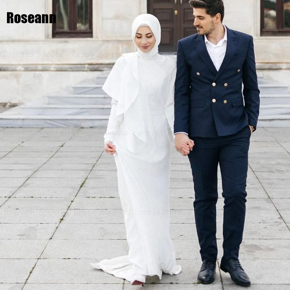 

Muslim 2024 New Ivory High Collar A-line Wedding Dresses Layered Satin Floor Length Bride Dress Brush Train robe de mariée