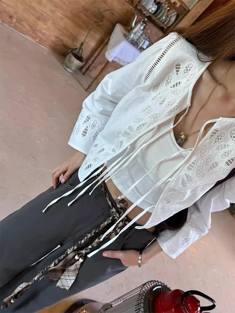 

Ele Autumn New Design Heavy Embroidery Hollow out Pattern Belted Long Sve Women's irt Jaet Commute Sle Korean Ve...