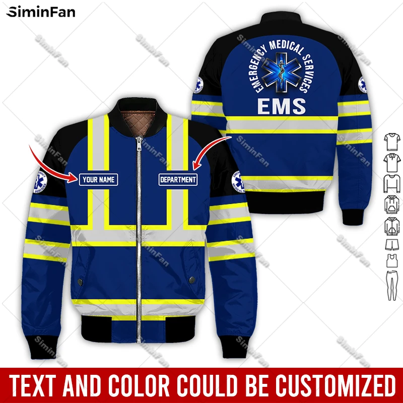 Custom Name EMS EMT Physical Therapy 3D Printed Mens Bomber Jacket Male Quilted Cotton Coats Unisex Winter Windproof Outwear-3