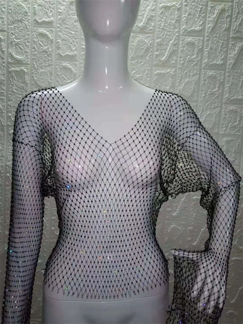 Kristall Diamant Durchsichtig T Shirts 2023 Neue Sommer Frauen Aushöhlen Beachwear Langarm Tops Shirts Festival Party Top – Detail 13