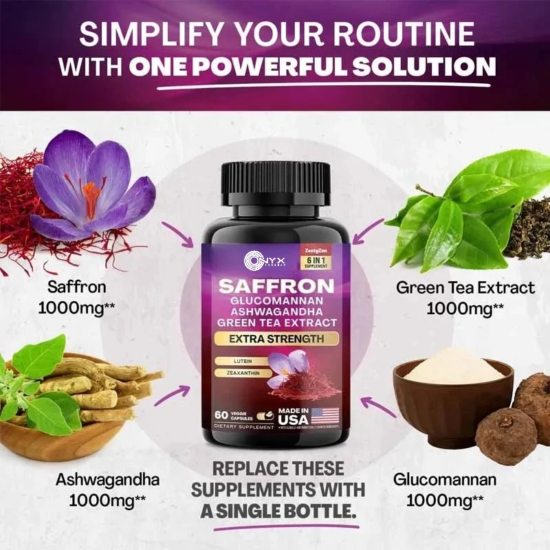 6-in-1 saffron supplement, South African drunken eggplant green tea extract, lutein and zeaxanthin extract, vegetarian capsules