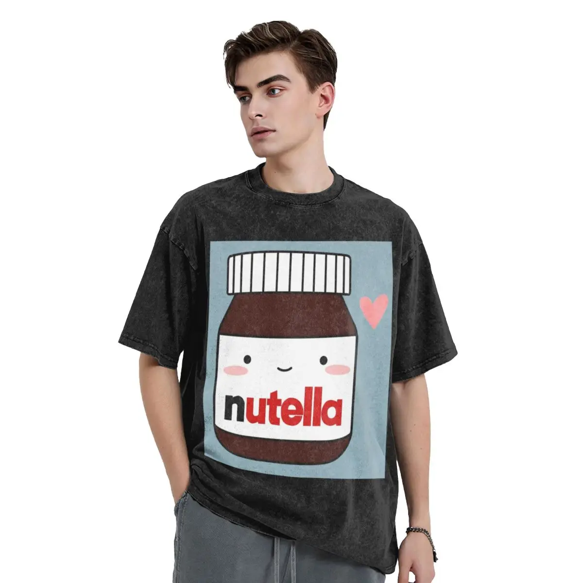 Cute Nutella Jar Washed T Shirts Vintage Short Sleeve Hip Hop T-Shirt Streetwear Tops Tees for Men Women