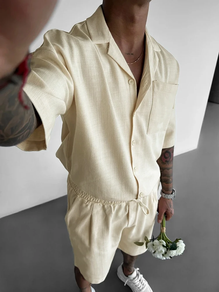 Hip Hop Mens Two Piece Sets Summer Casual Pure Color Short Sleeve Pocket Shirts And Shorts Men Outfits Fashion Loose Suits Male