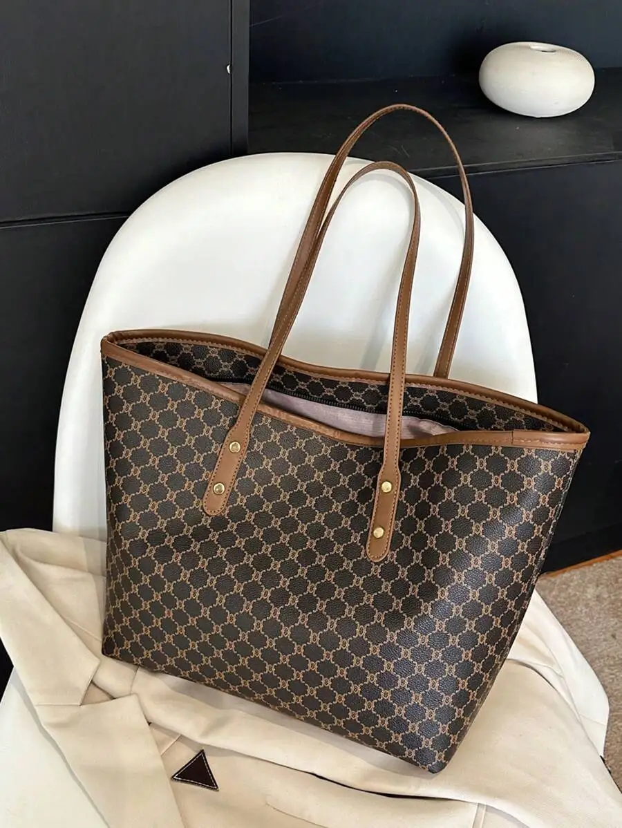 

Geometric Pattern Tote Bag with Leather Trim, Large Capacity Shoulder Handbag for Daily Use