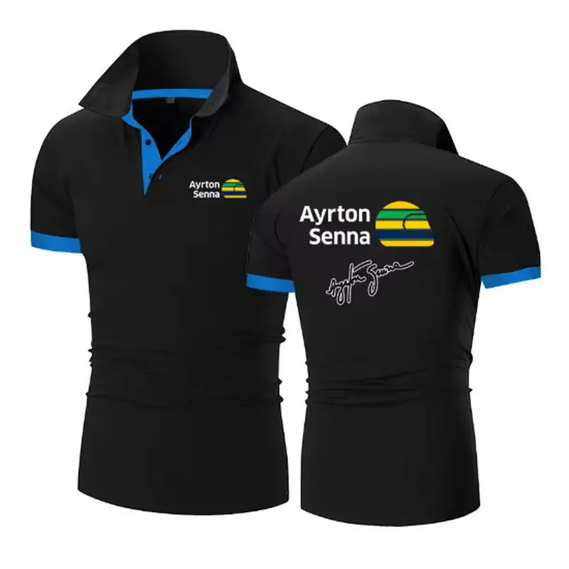 

Лето 202, мужская футболка-поло из высококачественного хлопка с логотипом Ayrton Senna, спортивная, деловая, для отдыха, с воротником с лацканами, однотонная рубашка-поло, топы