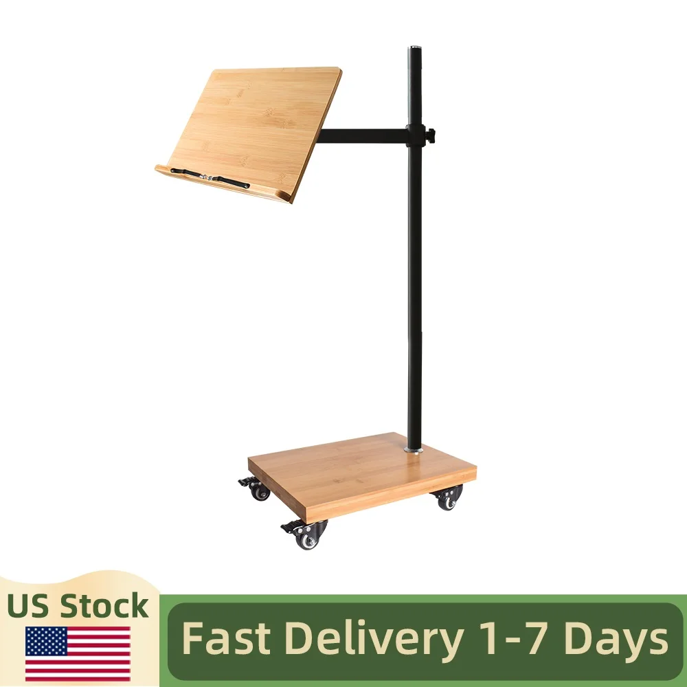 WISHACC Floor Book Stand with Wheels Laptop Holder for Macbook Ipad Book Reading Height Adjustable Bamboo Holder Compute Desk