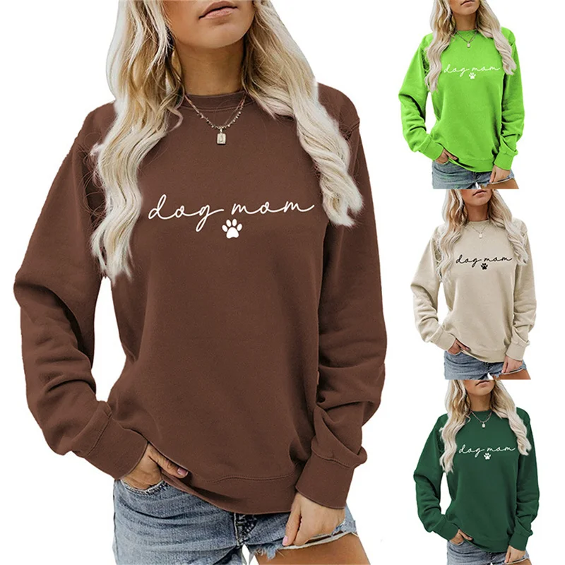 

New fashion summer cotton ladies Dog mom letter-printed casual long-sleeved hoodie vintage crew-neck casual upper garment