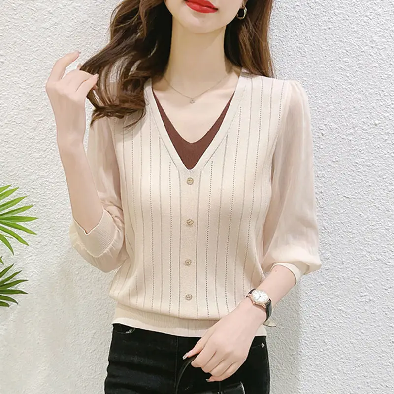 Female Clothing 7/4 Sleeve Spring Autumn New Tops for Women's V-Neck Loose Thin Ice Silk Knitted Button Patchwork Pullover