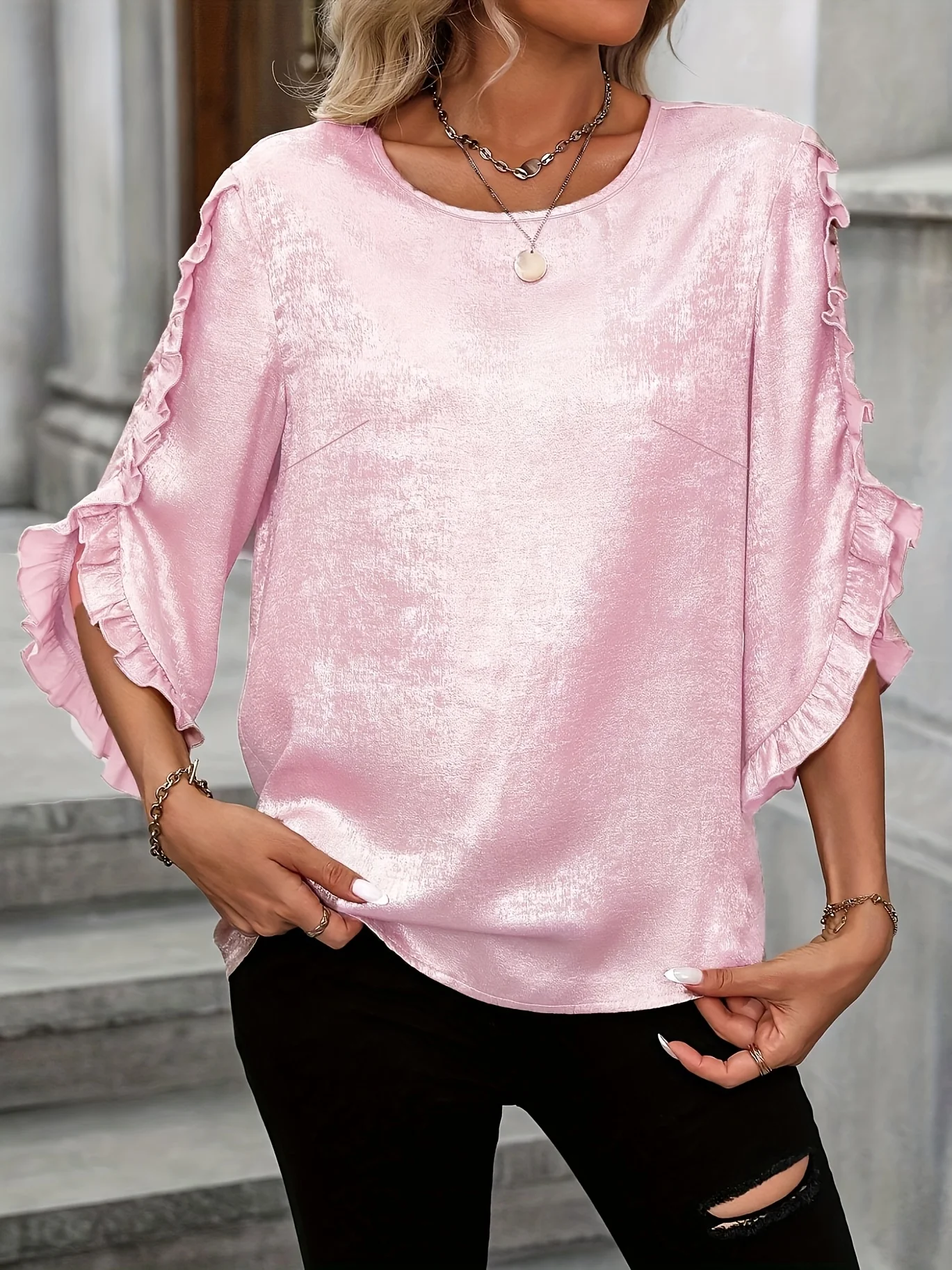 قميص نسائي كاجوال أنيق بلون سادة منسوج كبير