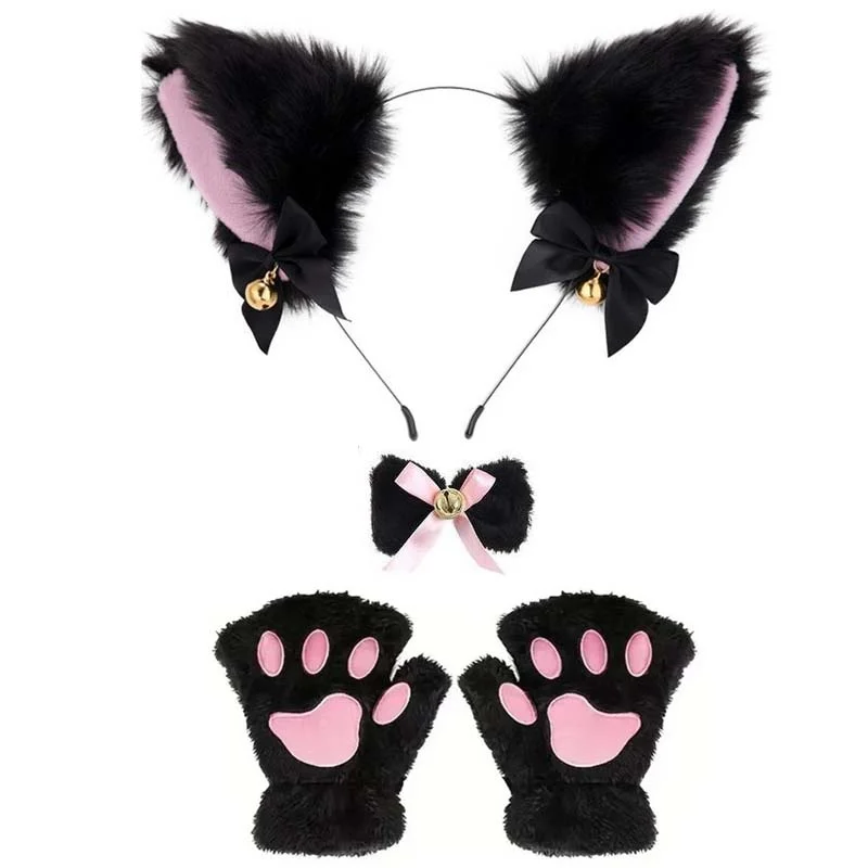 Cute Cat Ear Hair Wear Claw Gloves Anime Cosplay Plush Bell Cat Hairband Sexy Half-finger Gloves Night Party Club Headbands