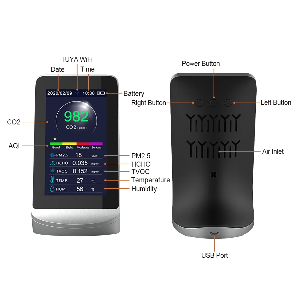 Air Quality Detector  11-in-one air Detector Pm2.5 Detector TVOC Gas Detection Device Graffiti WiFi APP