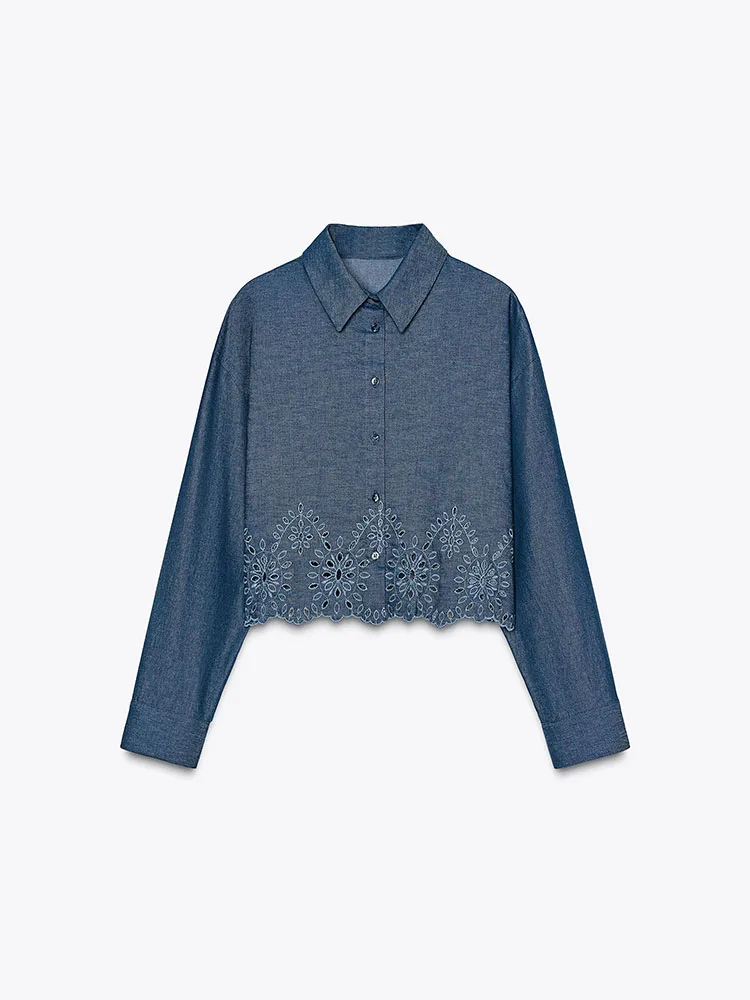 Colletto lungo casual da donna nuovo arrivo primaverile ort irt Versatile ricamo cavo per pendolari Sle vestibilità ampia