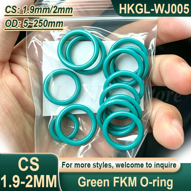 Green FKM O-ring CS 1.9mm/2mm Fluororubber Sealing Gasket High Temperature/Oil Resistance Sealing Ring OD 5-250mm