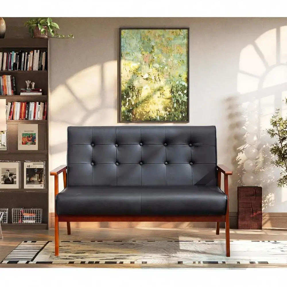 

Маленький кожаный диван, двухместное сиденье, скамья для зоны ожидания, современный диван-софа, деревянный диван (черный)