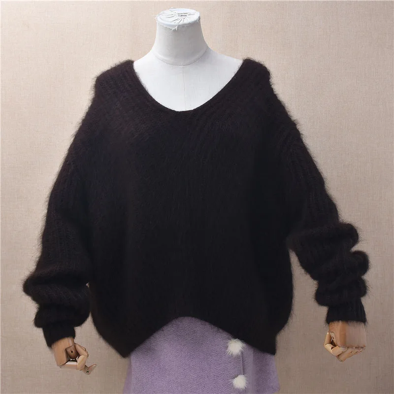 

Плотный теплый женский осенне-зимний пушистый свитер из плюшевого норкового кашемира с V-образным вырезом, длинными рукавами и полосками, свободного кроя