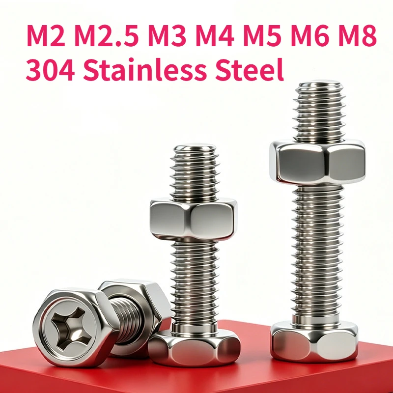 M2 M2.5 M3 M4 M5 M6 M8 304 Stainless Steel Cross Recessed External Hex Head Screw Screws And Hexagon Nut Combination Set
