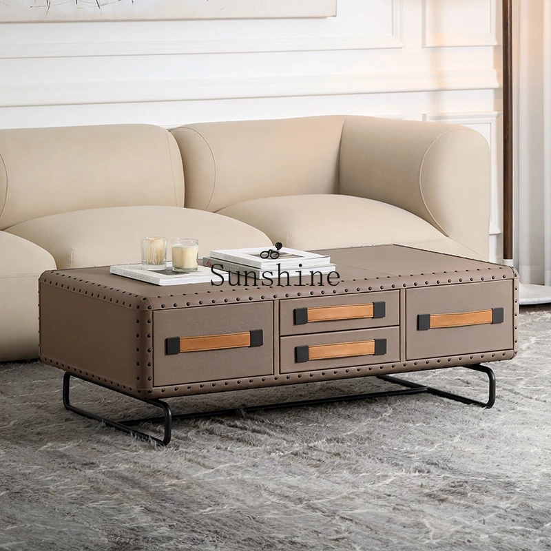 French retro high-end leather handmade creative four-draw coffee table