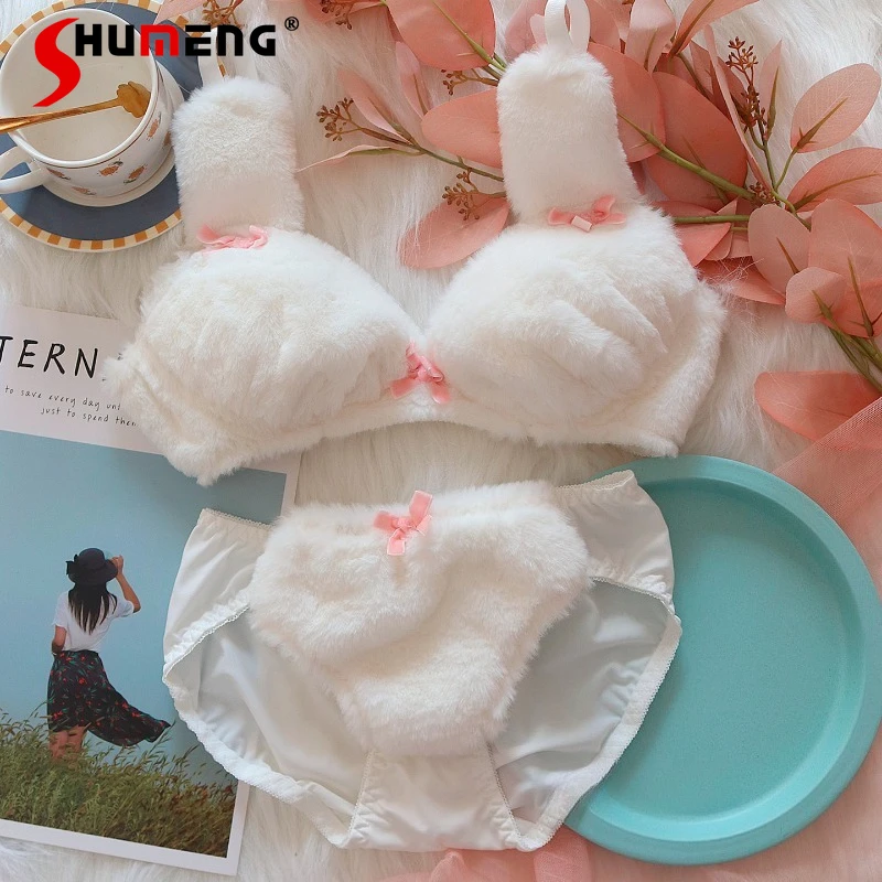 

Velvet Plush Underwear Set Women 2025 Winter Cute Rabbit Bra Wireless Suit Female Japanese Warm Pure Desire Brief Sets