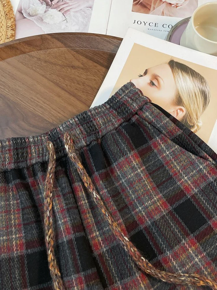 Ropa de calle Retro, pantalones a cuadros para mujer, pantalones rectos holgados de Hip Hop con cordones, pantalones de pierna ancha informales Vintage Harajuku Bf de cintura alta