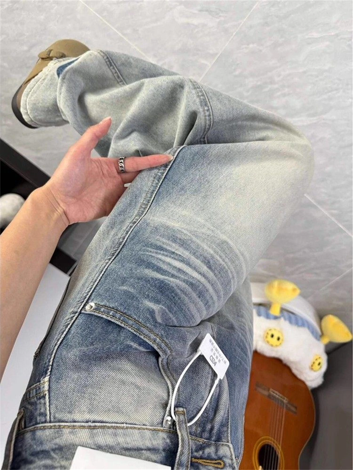 Women's Light Blue Gradient Wash Oversized Wide Leg Denim Jeans Low Waist Vintage Whiskering Casual Streetwear Ladies Pants