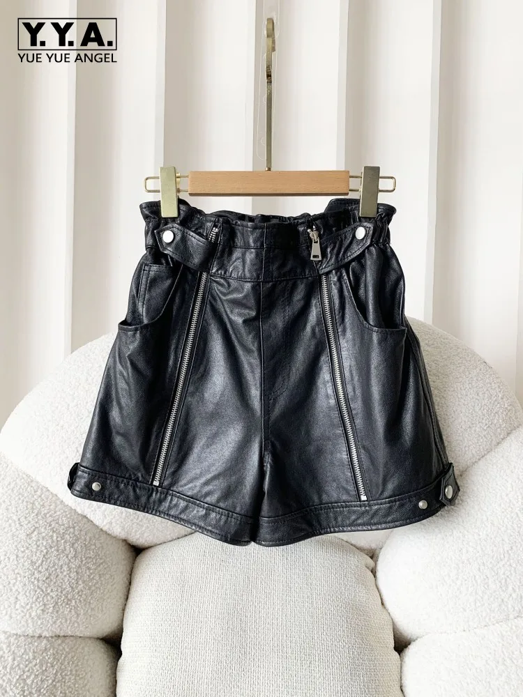 Streetwear Women Blakc Sheepskin Shorts Spring Summer Fashion Casual Personality Zip Elesitc High Waist Genuine Leather Shorts