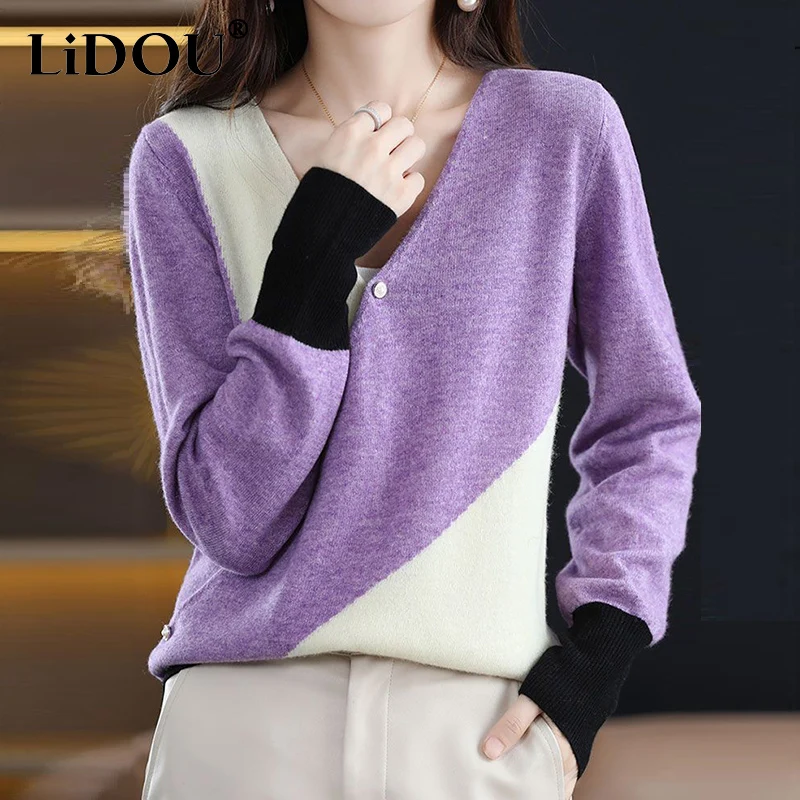 Autumn Winter Korean Style V-neck Patchwork Casual Sweater Ladies Elegant Fashion All-match Jumper Top Women Loose Wild Pullover