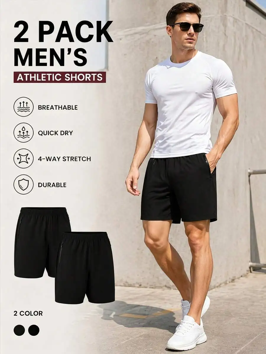 

2-Pack Mens Athletic Shorts Quick Dry 4-Way Stretch Workout Running Gym Shorts With Zipper Pockets