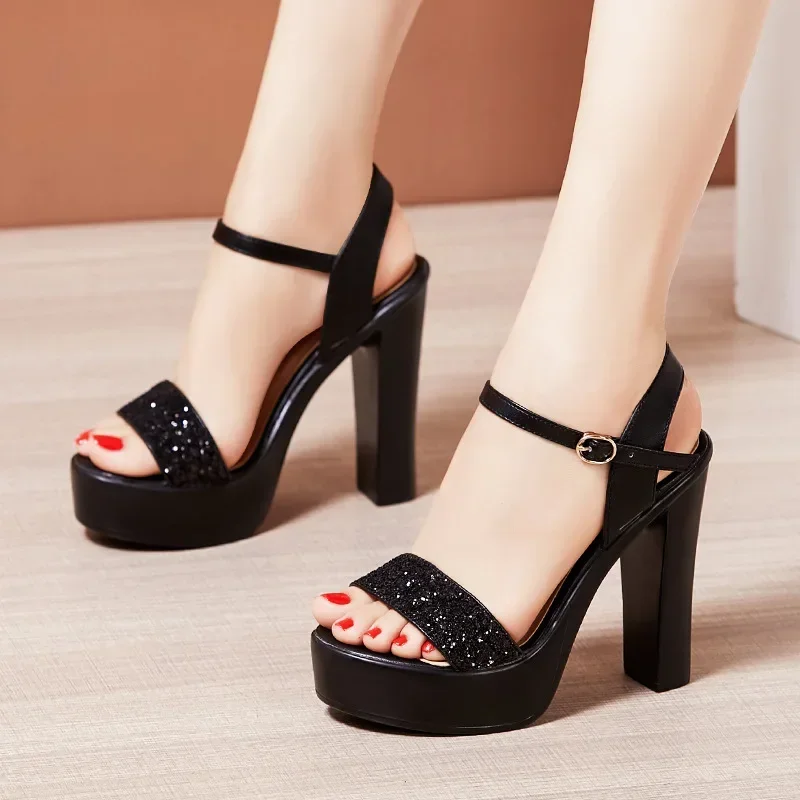 

10cm 13cm Small Size 32-43 Elegant Thick Block High Heels Shoes Summer 2025 Women's Bling Platform Sandals Model Dress Office
