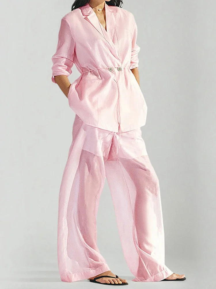 

2025 NEW Fashion Lapel Lace Up Top Set Wide Leg See Through Female Pants 2 Piece Set Zipper Long Cleeve V-Neck Office Suit