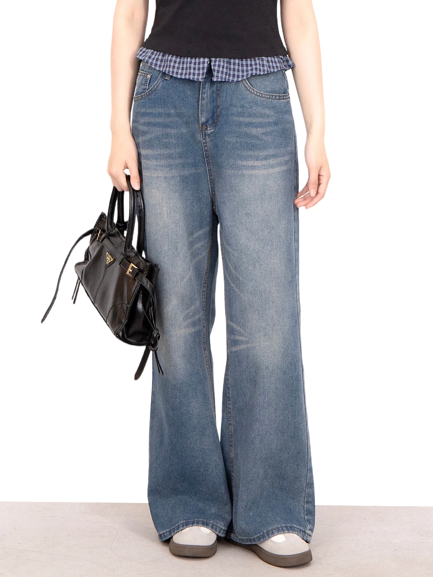

plus Size Wide Leg Denim Jeans Women's Small Size 2026 Fat Mm Retro Blue Pattern Loose Pants High Waist Pocket Detail