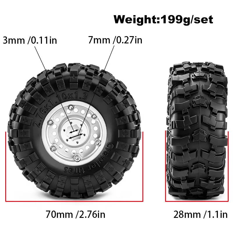4PCS 1.3'' 70*28mm Aluminium RC Cralwer Beadlock Wheel and Tires for 1/18 Traxxas TRX4M 1/24 Axial SCX24 AX24 FCX24