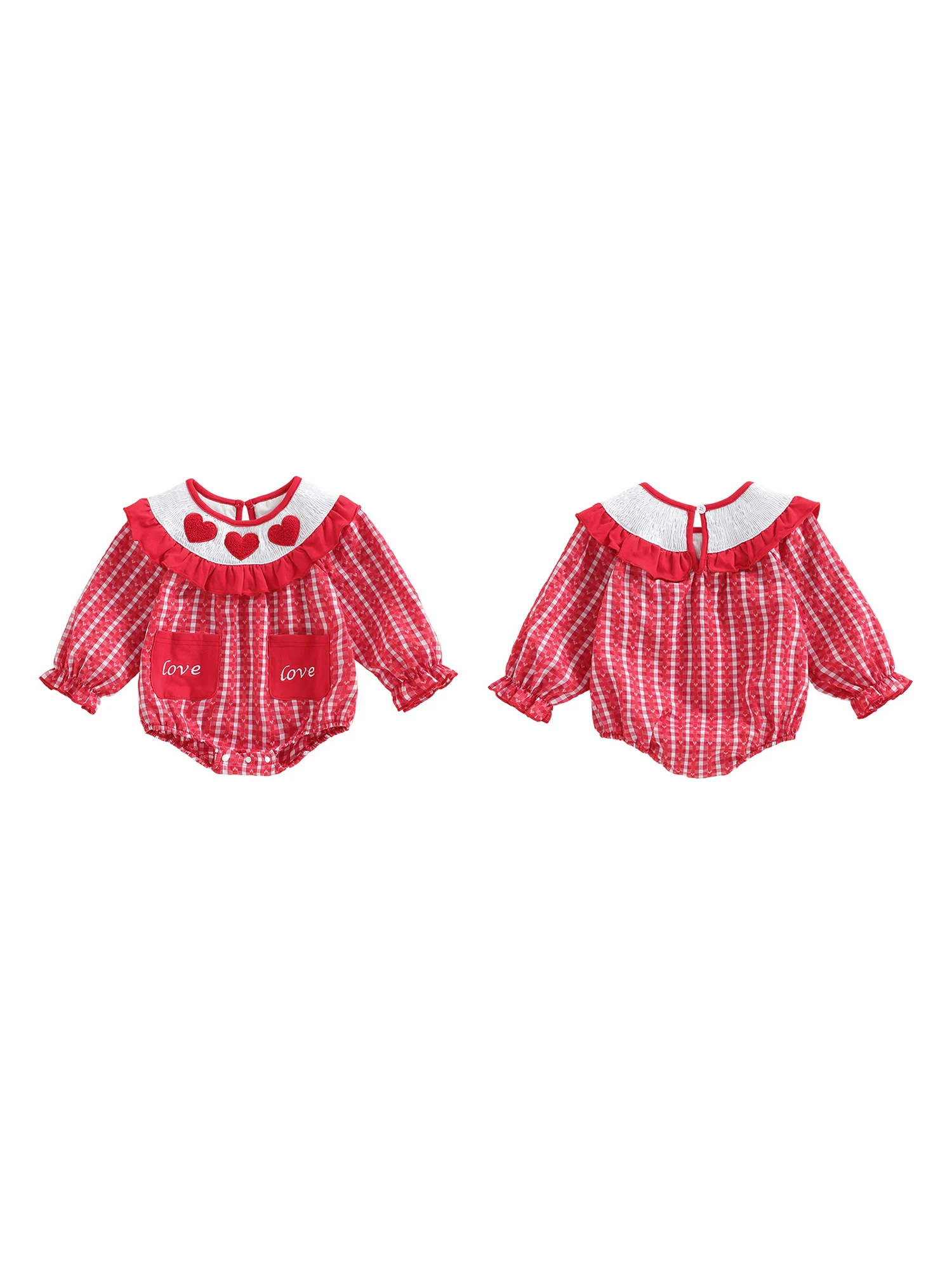 

Valentine s Day Toddler Girl Long Sleeve Heart Embroidered Romper Round Neck Smocked Bodysuit Spring Outfit with Ruffles