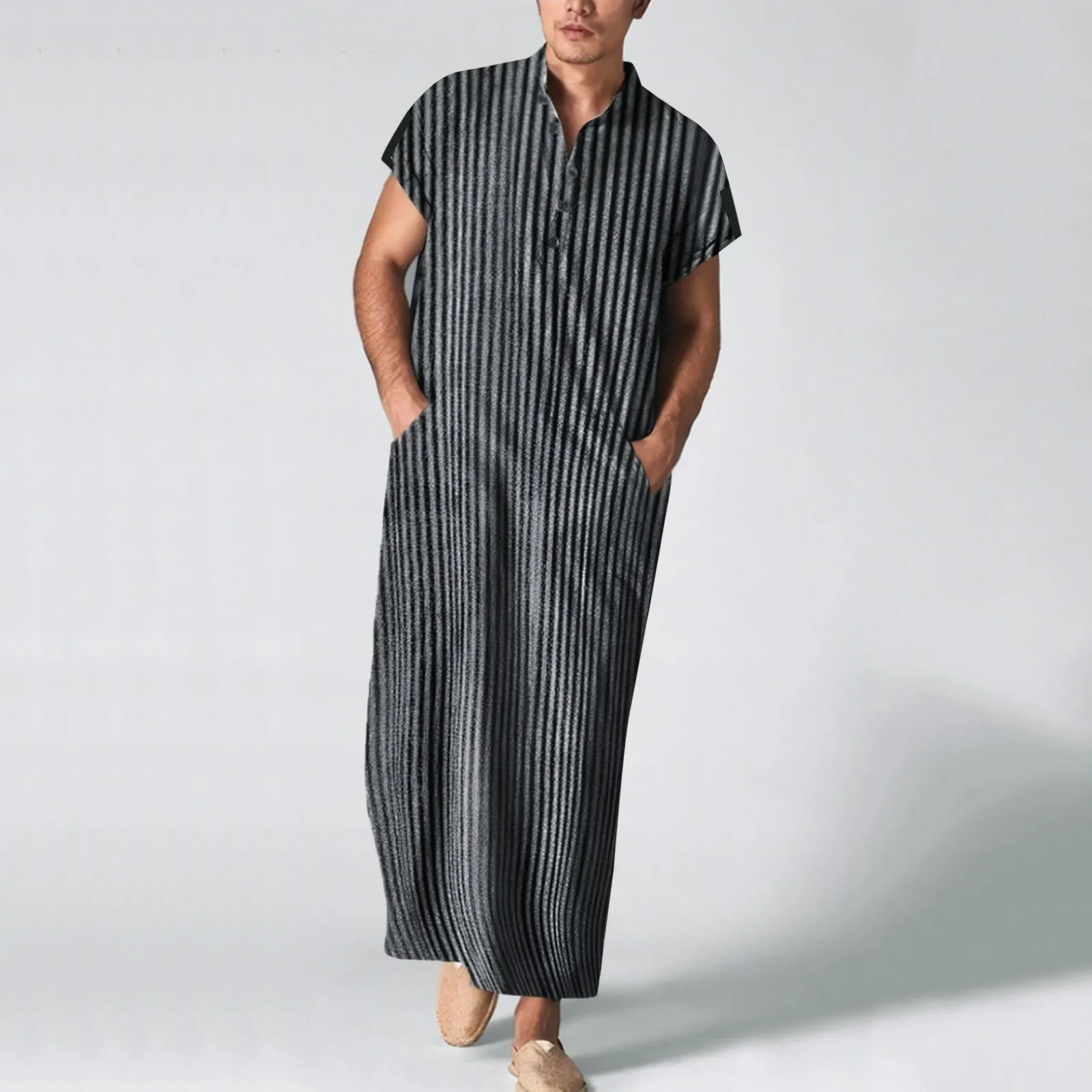 New Men Striped Jubba Thobe Men Islamic Arab Casual Short Sleeve Cotton Pockets Muslim Kaftan Robes Dubai Clothing S-5XL