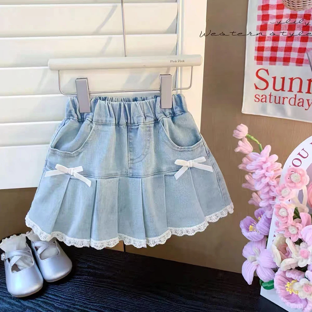 Sweet Girls Bow Denim Skirts 2024 Summer Korean Style Elastic Waist Lace Edge A-line Skirt Kids Blue Jean Skirts Children Clothe