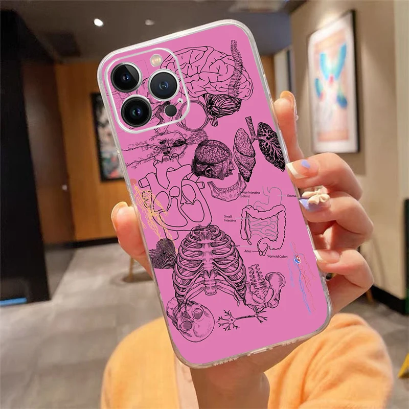 Heart Anatomy Skull Bones Phone Case For iphone 15 14 Pro Max 13 12 11 Pro Max XSMax XR 12 13 mini 14 Plus