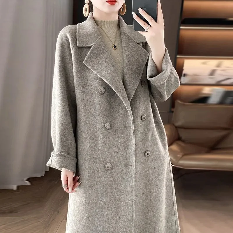 

Высококачественное двустороннее пальто из 100% шерсти, женское длинное двубортное элегантное свободное кашемировое зимнее пальто