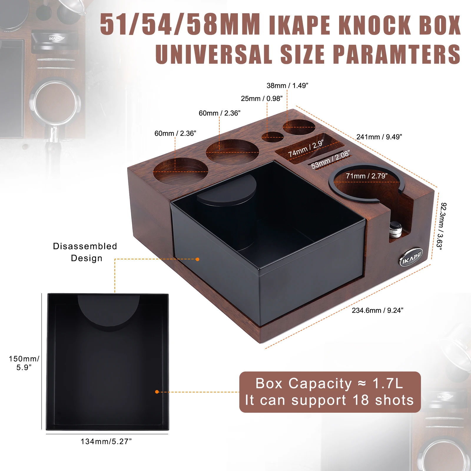 

IKAPE Knock Box With 54mm Tamping Station For Breville Espresso Accessories Adjustable Portafilter Height Detachable Coffee Bin