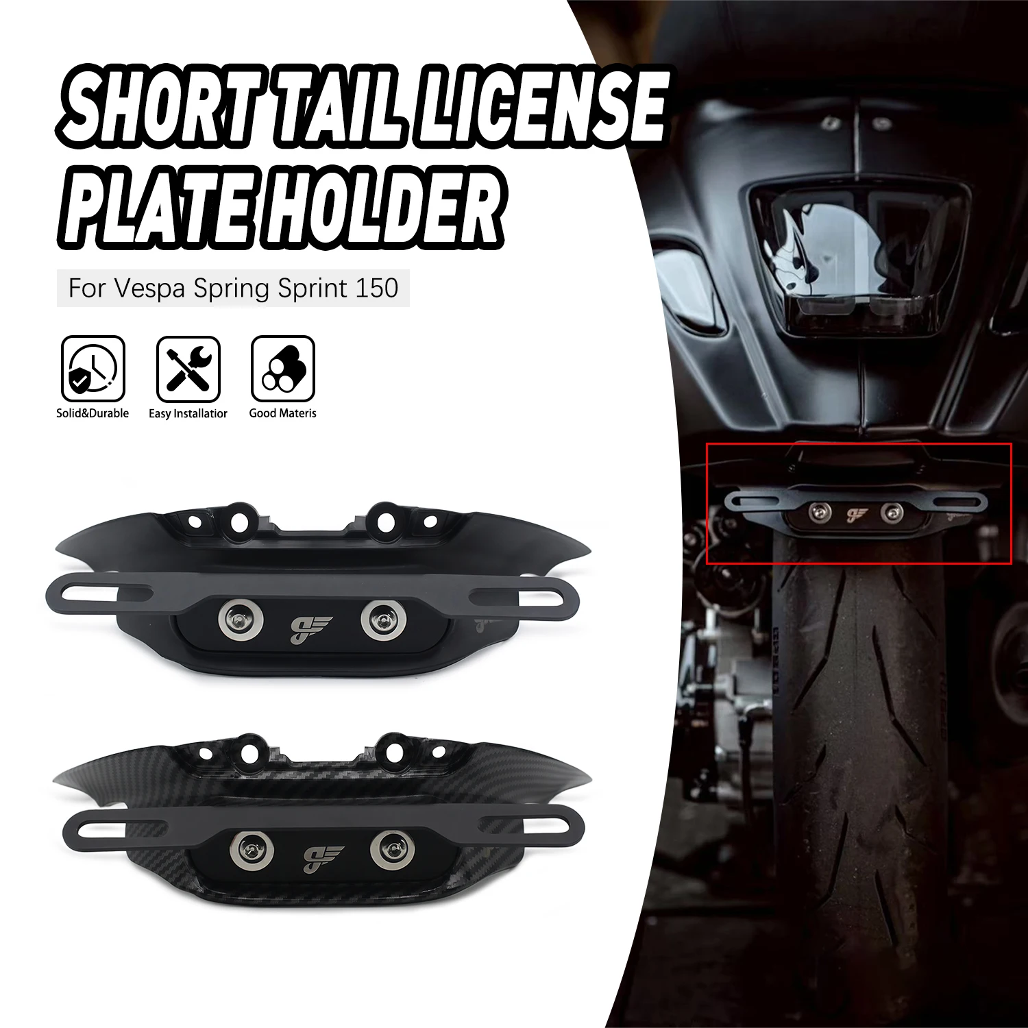 Accesorios Moto Hochwertiger modifizierter Kennzeichenhalter mit kurzem Schwanz für Vespa Sprint Primavera 150, schwarze Kohlefaser-Textur