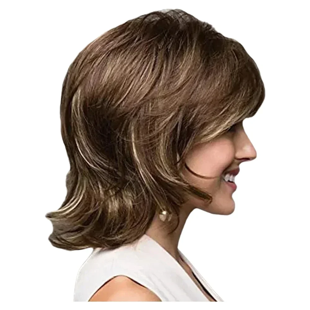 WHIMSICAL W Synthetic Hair Short Brown Wavy Wig Brown Mixed Blonde Highlight Wigs for White Women Pixie Cut Wig Natural Wigs