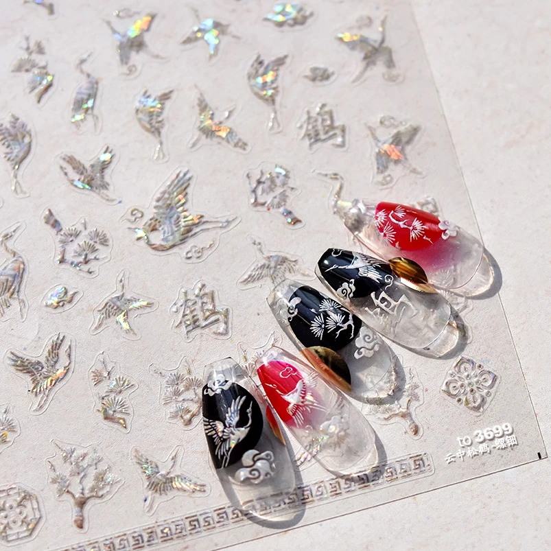 Chinese Style Shiny Crane Pine Tree Vintage Swallow Willow Fan Flower Dove Kite Self Adhesive Nail Art Stickers Manicure Decals